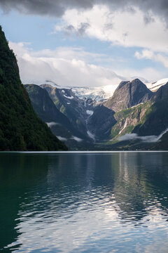 Briksdalsbreen Glacier Reflected in Oldevatnet Lake, Norway &ndash; Dramatic Fjord Mountain Landscape