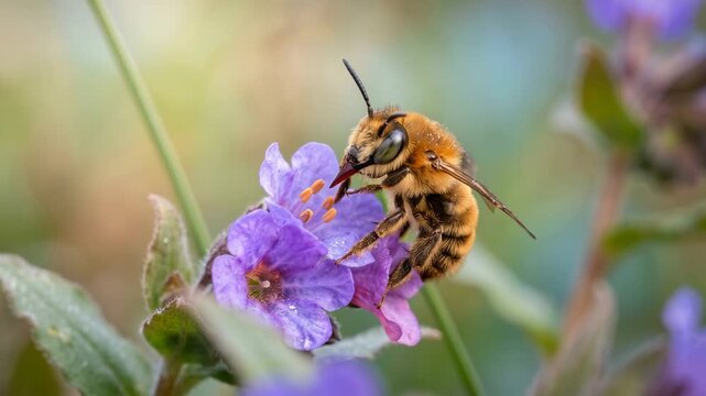 hairy footed flower bee close up at morning light in english meadow uk video