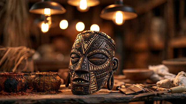 A ceramic festival mask rests on a workshop bench under warm pendant lighting, surrounded by dried pigment pots, shaping tools, and raw clay, the still life composition evoking a traditional West Af