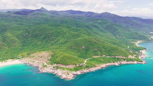 Aerial view of coastal road along Vinh Hy Bay in Ninh Thuan Vietnam
