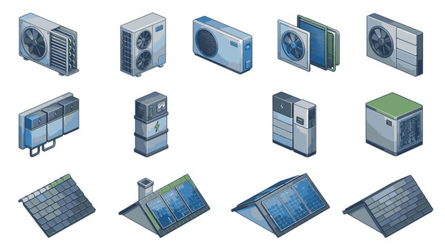 Collection of industrial air conditioning and solar panel units.