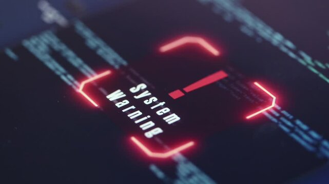 System warningsign, running source code, computer language. Unauthorized access, data, system hacked, cyber crime, privacy, safety, computer monitor, device screen, network security, firewall.