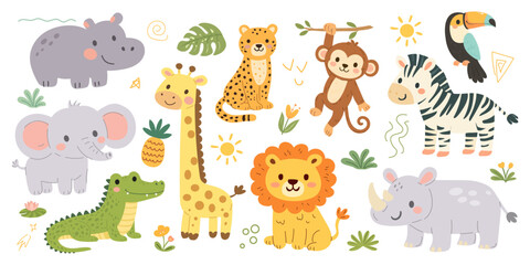 Vector illustration set of cartoon safari animals characters, doodle elements, flowers and plants. Cute bundle for creating kids prints, patterns, cards and any children designs © Kseniya