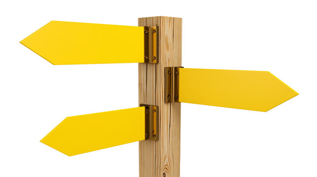 Wooden post with four blank yellow directional arrow signs, isolated on transparent background