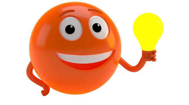 Smiling orange character holding a glowing yellow light bulb, isolated on transparent background