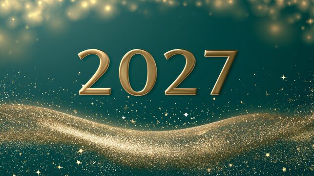 Golden 2027 typography centered on a rich green gradient background, premium festive banner, elegant holiday branding, New Year concept.