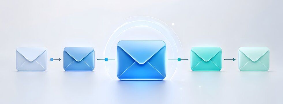 3D visualization of email delivery process and communication workflow with transforming envelope icons