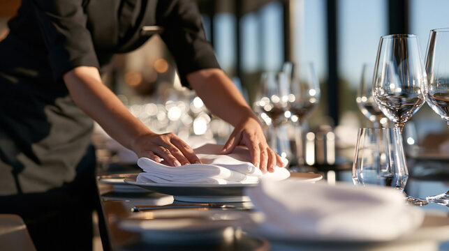Fine china and pressed linen napkins being carefully arranged on a long polished dining table, crystal glassware catching soft light, tall windows in background, generous copy spac