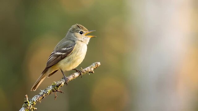 hammond's flycatcher close up portrait at morning light in pacific northwest forest usa video