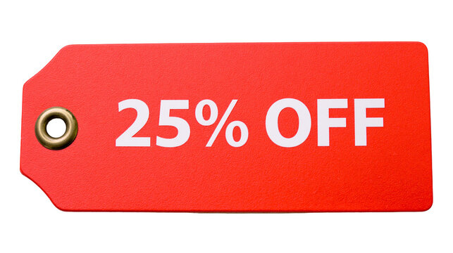 Red rectangular tag with brass grommet and 25% OFF text, isolated on transparent background