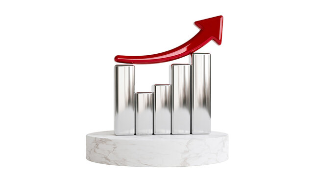 Shiny silver bar graph with red arrow pointing up, isolated on transparent background