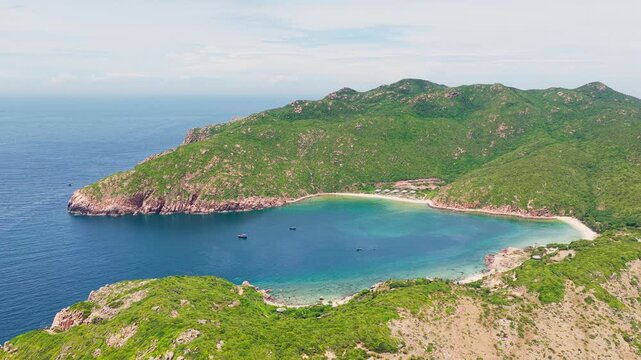 Aerial weiw of hidden beach and turquoise water at Vinh Hy Bay Vietnam