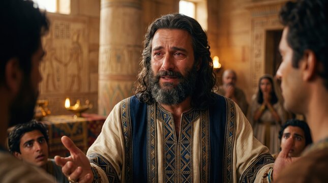 Joseph revealing his identity to his brothers in Egypt. Emotional biblical scene of reconciliation and forgiveness