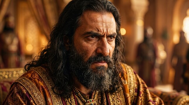 Haman plotting evil in the palace. Close up of the Persian official from the book of Esther. Biblical villain with a stern expression