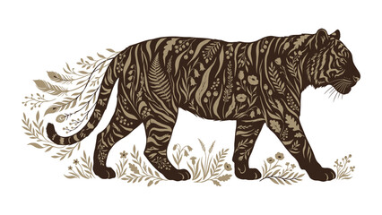 Obraz premium Tiger silhouette filled with intricate forest foliage and plant patterns