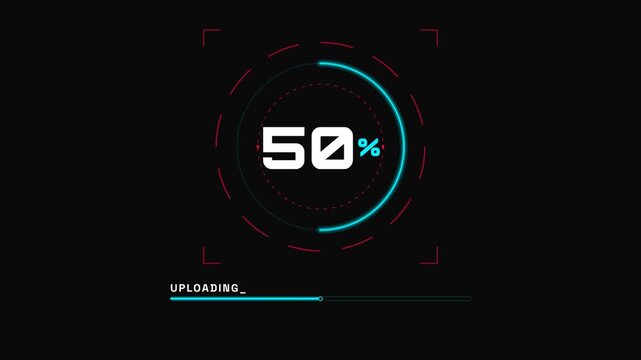 HUD digital loader progress bar animation with percentage counter and uploading text indicator on black background for UI design.