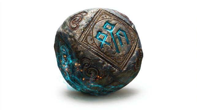 A mystical stone orb with intricate carvings and glowing blue symbols.