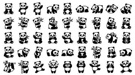 Cute cartoon panda vector illustration set with baby bears bamboo parent and cub adorable wildlife characters isolated on white background © MdBarat