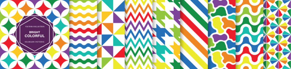 Plakat Collection of bright colorful seamless geometric patterns. Vector rainbow layout set with abstract template mosaic, wave lines, zigzag stripes and trendy multicolor textures for your design