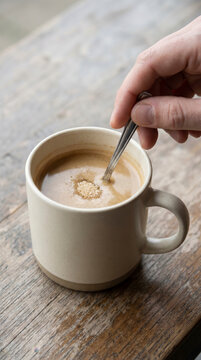Hand stirring sugar into fresh coffee in stoneware mug on rustic kitchen table
