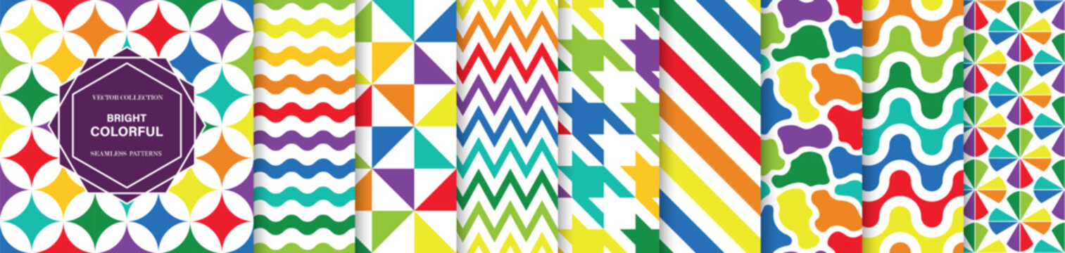 Collection of bright colorful seamless geometric patterns. Vector rainbow layout set with abstract template mosaic, wave lines, zigzag stripes and trendy multicolor textures for your design