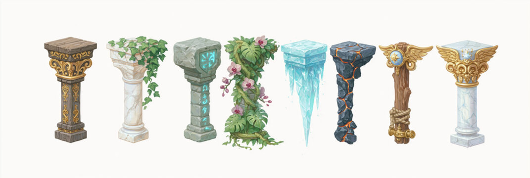 Artistic depiction of eight unique fantasy pillars with various textures and decorations.