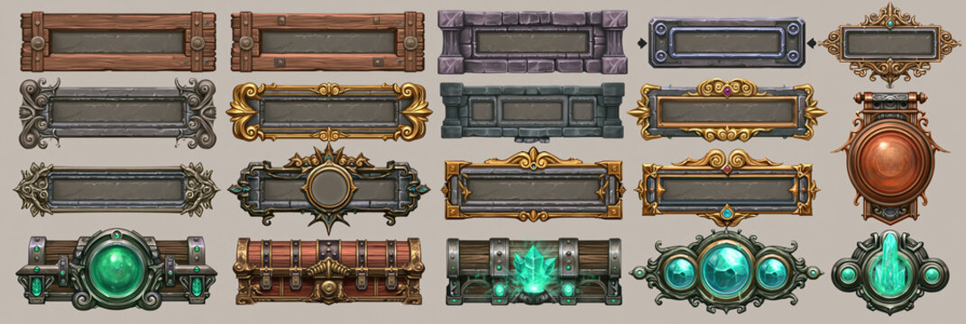 Various ornate banner frames with different textures and colors for designs.