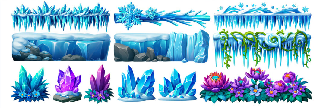 Colorful illustrated ice and crystal elements for winter-themed designs.