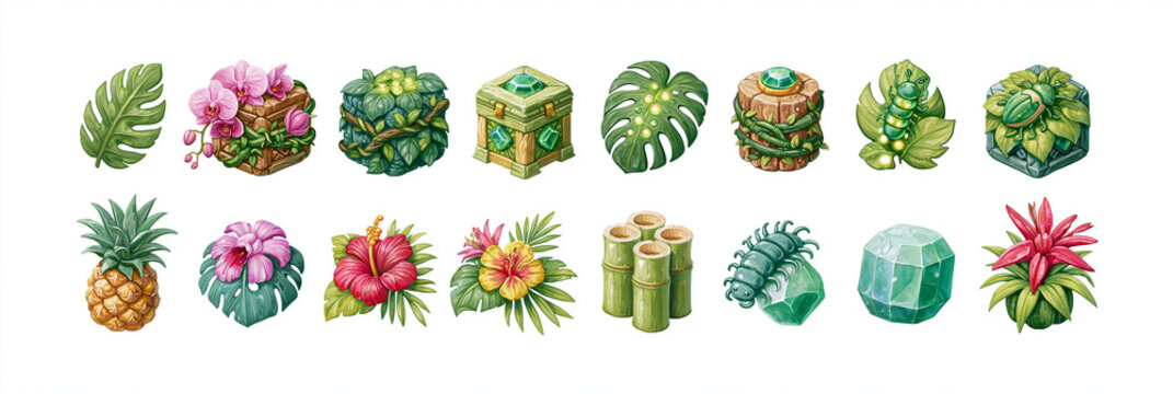 Colorful tropical elements including flora and gems on a white background.