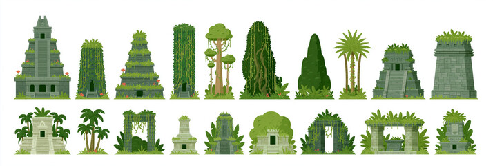 Obraz premium Collection of ancient ruins surrounded by lush green vegetation and tropical plants.