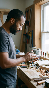 Focused woodworker cleaning hands with a cloth at a sawdust covered workbench