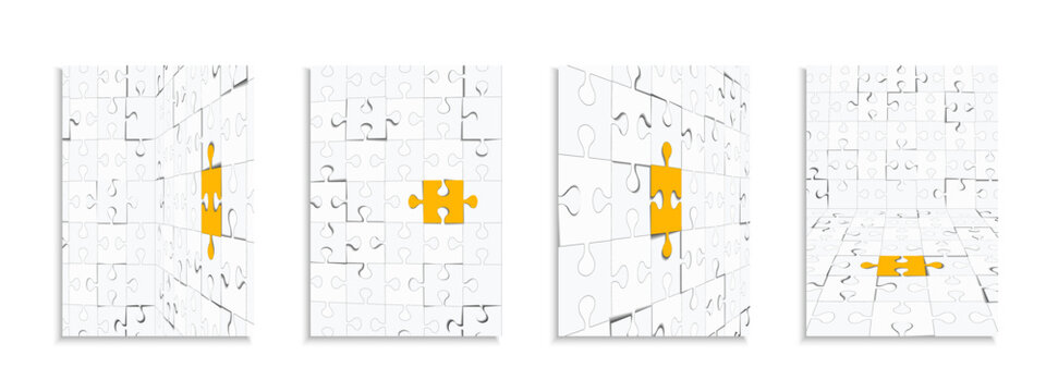 Vector business puzzle backgrounds set. White minimalist corporate cover templates collection with abstract geometric 3d perspective strategy textures and modern creative solution gold element.