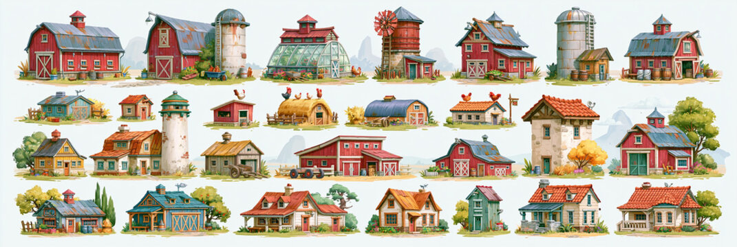 Colorful collection of farmhouses and barns in a vibrant rural landscape.
