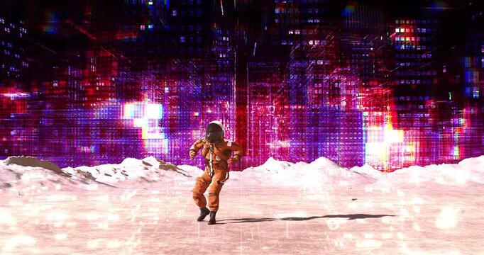 Futuristic astronaut performing dance moves on alien planet with wireframe city render Abstract Digital Space City Concept.