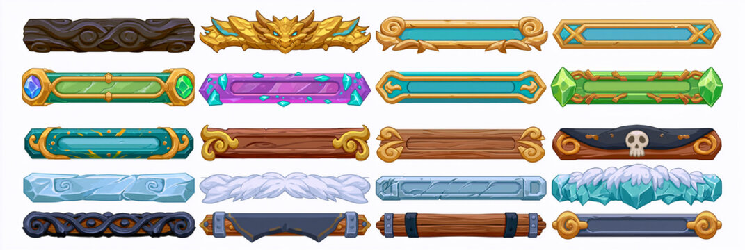 Colorful decorative UI elements for RPG game design featuring various styles.