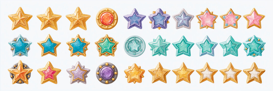 Colorful star and gem icons designed for RPG game assets.