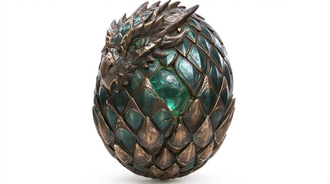Detailed dragon egg with emerald scales and metallic finish, representing fantasy.