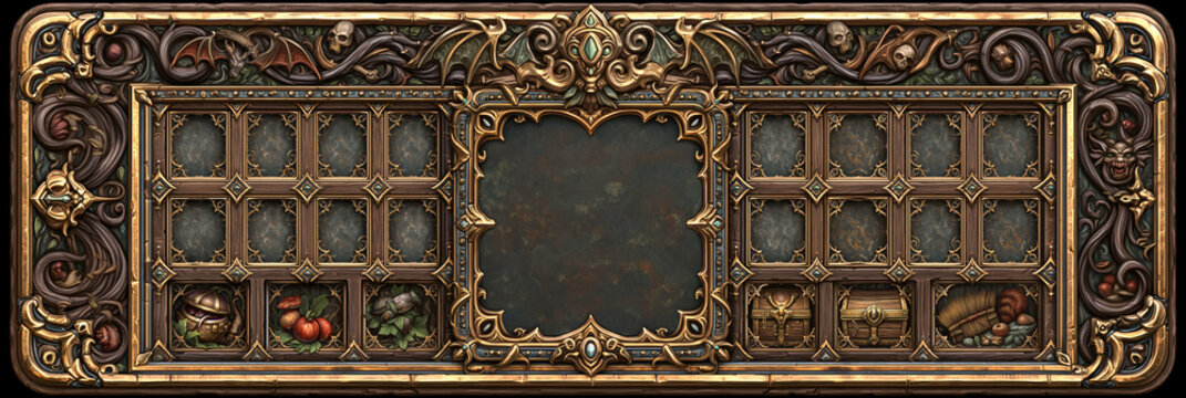Intricate UI design elements for a fantasy RPG game, featuring ornate borders.