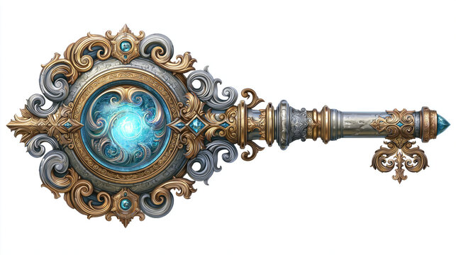 Ornate fantasy key with intricate designs and mystical glowing center.