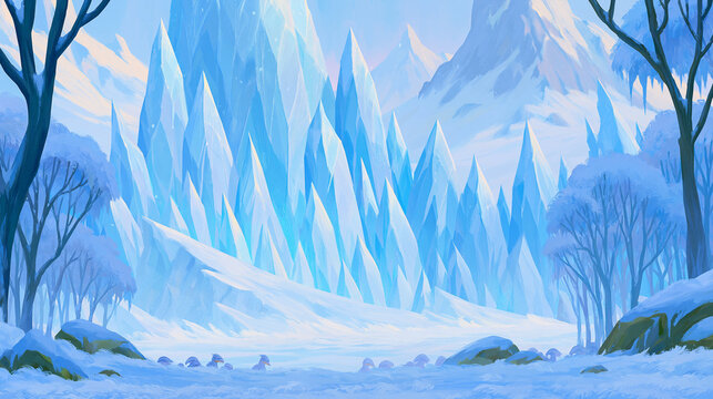 A stunning icy landscape featuring towering ice formations and snow-covered trees.