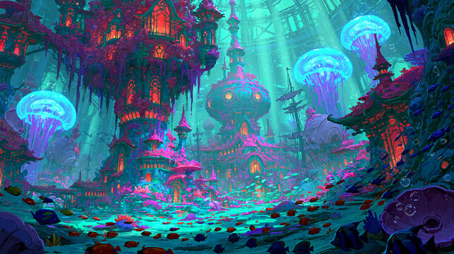 A vibrant underwater city filled with colorful flora and glowing jellyfish.