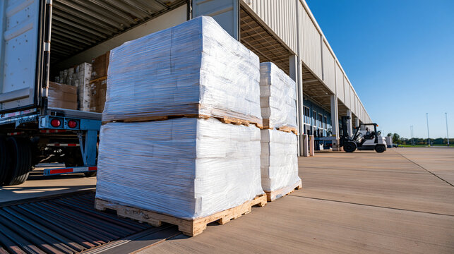 Shrink wrapped pallets being loaded into an open refrigerated trailer at a modern dock in bright clean daylight active logistics freight scene shrink wrap pallet loading