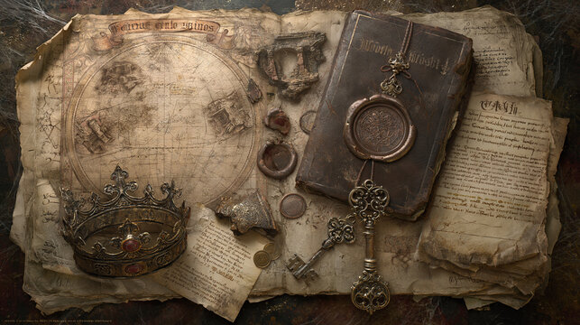 Ancient artifacts including a crown, key, map, and weathered book on parchment.
