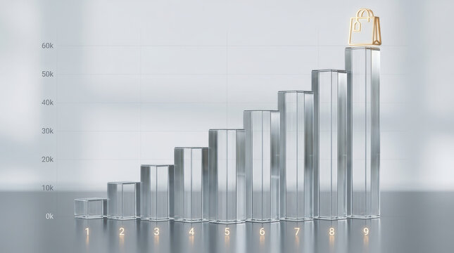 Retail tech e commerce growth concept with glass bar chart showing increasing sales and shopping bag symbol on top of highest bar