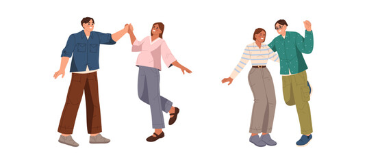 Obraz premium Happy family, expectant couple dancing and celebrating good news. Vector isolated man and woman with cheerful faces. Celebration and fun, spending time with spouse. Wife and husband in love