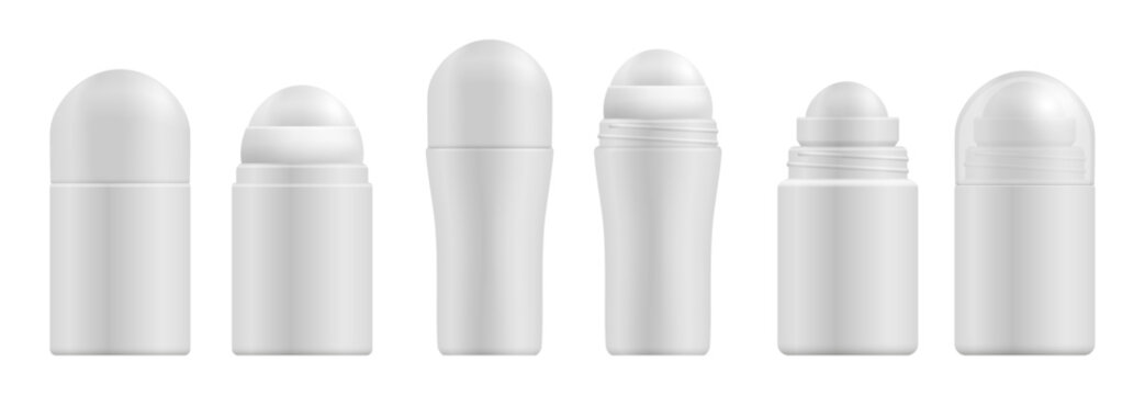 Rollon deodorant mockups set. Vector isolated realistic odor neutralizers for male and female. Open and close sweat deodorizers with plastic texture. Cosmetic product templates. Hygiene care elements