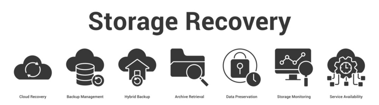 Storage Recovery web banner icon set vector illustration concept for business with icon of Cloud Recovery, Backup Management, Hybrid Backup, Archive Retrieval, Data Preservation, Storage Monitori.