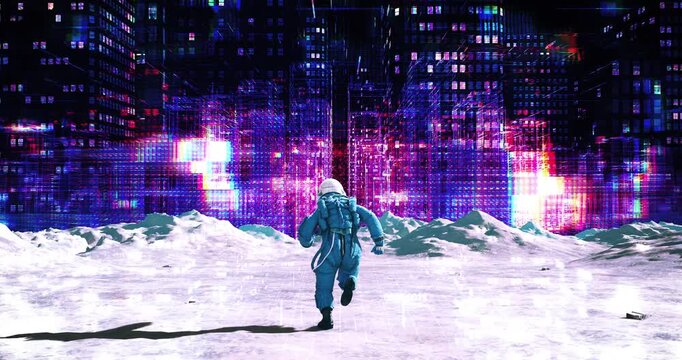 Astronaut running on futuristic planet landscape with wireframe neon cyber city. Abstract Digital Space City Concept.
