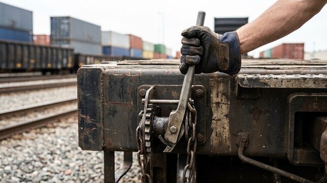 Yard worker double-checking a flatcar's brake status before container loading begins