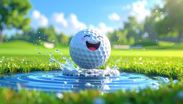 Cartoon happy golf ball character splashing into a water hazard on a sunny course.